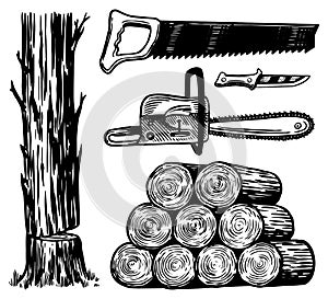 Downed logs, Saw or chainsaw, Work tools. Hand drawn elements for Lumberjack Woodsman. Vector illustration. Engraved