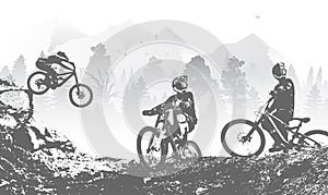 Downhill mountai biking freeride and enduro illustration. Bicycle background with silhouette of downhill riders in photo