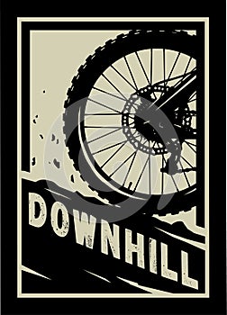 Downhill, Mountain bike banner, t-shirt print design on a dark background. Vector illustration.