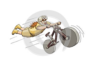 Downhill Mountain Biker from Primal Era. Freeriding Making Superman Stunt on Downhill Bike in Sabertooth Skull Helmet