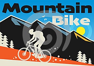 Downhill, mountain biking landscape with rider silhouette