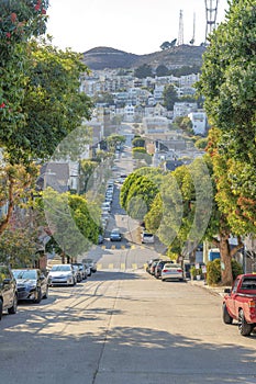 Downhill road with parked vehicles on the side near the trees at San Francisco, California