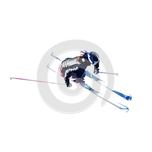 Downhill skier, slalom. Low polygonal aerial view. Isolated vector geometric illustration. Winter sport, alpine skiing