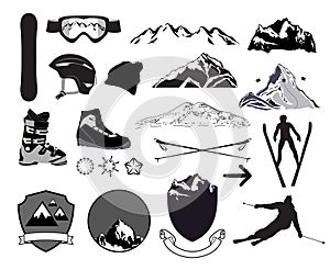 Downhill skiing icons Set.