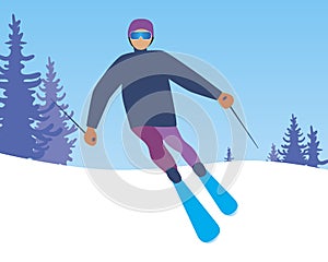 Downhill skiing at ski resort, flat vector stock illustration as concept of ski resort, nature mountains, outdoor activities