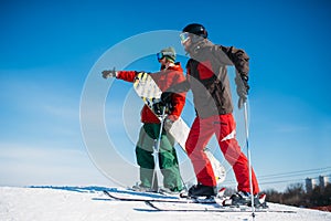 Downhill skiing, skiers on the top of slope