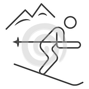 Downhill skiing thin line icon, Winter sport concept, Snow skiing sign on white background, ski downhill icon in outline