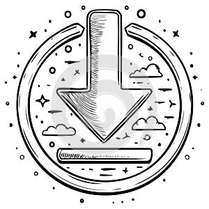 Download arrow icon in circle sketch style for data transfer and cloud computing