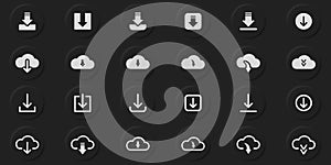 Download Button Line and Silhouette Icon Set. Cloud, Circle, Arrow Down Upload Symbol. Download Web App, File, Video