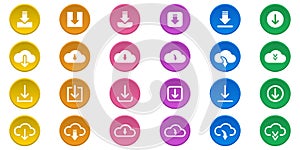 Download Button Line and Silhouette Icon Set. Download Color Web App, File, Video, Document Pictogram. Cloud, Circle