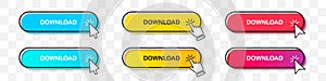 Download buttons collection with cursor pointer in two styles. Flat design and gradient with shadow. Set of digital web button on
