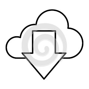 Download from cloud thin line icon. Cloud and arrow vector illustration isolated on white. Downloading outline style