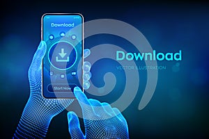 Download Data Storage. Cloud download. Install symbol. Business technology network internet concept. Closeup smartphone in