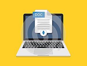 Download of doc document in computer. Icon of upload file in laptop. Digital text file for download from internet. Click to save