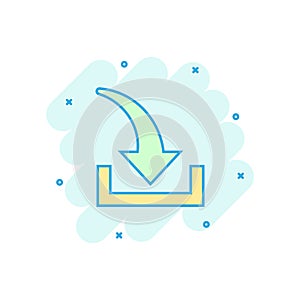 Download file icon in comic style. Arrow down downloading vector cartoon illustration pictogram. Download business concept splash