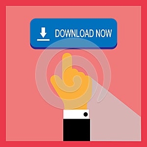 Download now button with pointing hand. Flat illustration