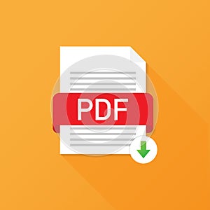 Download PDF button. Downloading document concept. File with PDF label and down arrow sign. Vector illustration.