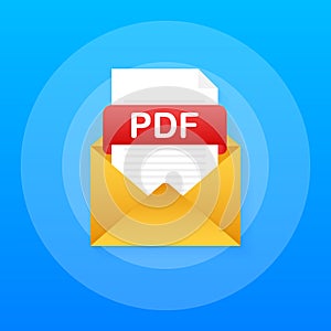 Download PDF button. Downloading document concept. File with PDF label and down arrow sign. Vector illustration.