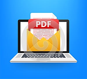 Download PDF button. Downloading document concept. File with PDF label and down arrow sign. Vector illustration.