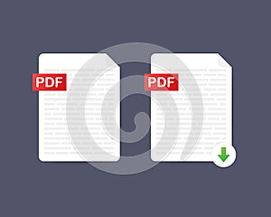 Download PDF button. Downloading document concept. File with PDF label and down arrow sign. Vector stock illustration