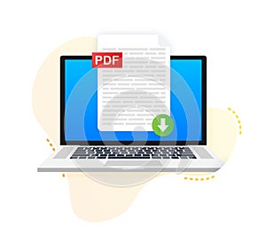 Download PDF button on laptop screen. Downloading document concept. File with PDF label and down arrow sign. Vector