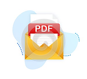 Download PDF button on laptop screen. Downloading document concept. File with PDF label and down arrow sign. Vector