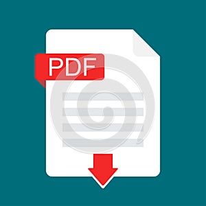 Download PDF icon. File with PDF label and down arrow sign. Downloading document concept. Flat design vector icon