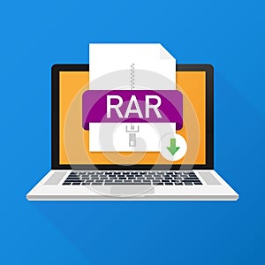 Download RAR button on laptop screen. Downloading document concept. File with RAR label and down arrow sign.