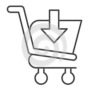 Download shopping cart thin line icon. Market trolley with save button, arrow sign. Commerce vector design concept
