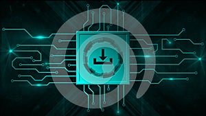 Download symbol as cutout into plate and digital circuit lines on turquoise futuristic background - technology design concept