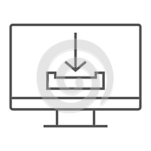 Download thin line icon, computer and downloading, arrow sign, vector graphics, a linear pattern on a white background.