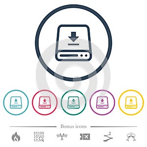 Download to hard drive flat color icons in round outlines