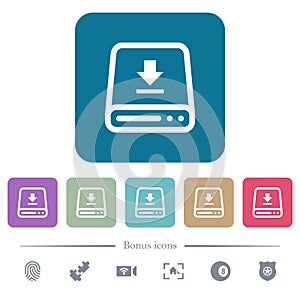 Download to hard drive flat icons on color rounded square backgrounds