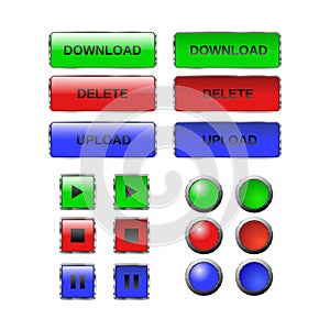 Download upload delete glass button set, press, hover. Web button icon: play, stop, pause button, download bar, upload, delete,