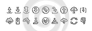 Download and upload file doodle icons set. Hand drawn sketch interface buttons. Cloud data server technology. Digital storage