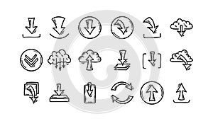 Download and upload file doodle icons set. Hand drawn sketch interface buttons. Cloud data server technology. Digital storage