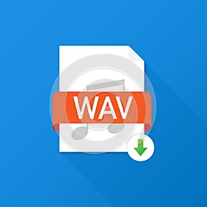 Download WAV button on laptop screen. Downloading document concept. File with WAV label and down arrow sign. Vector illustration.