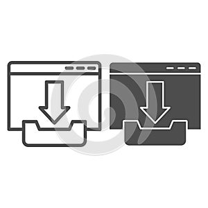 Download window line and solid icon. Browser page with upload file sign. Internet technology vector design concept