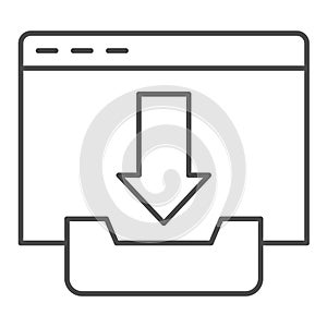 Download window thin line icon. Browser page with upload file sign. Internet technology vector design concept, outline