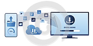 Downloading files on pc or smartphone. Software page on monitor and mobile app, download system update concept