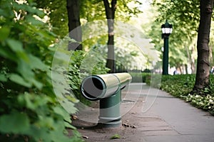downpipe in the city park, with a view of greenery and gardens