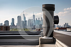 downpipe from the rooftop of a building with impressive view of the city skyline