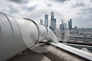 downpipe from the rooftop of a building with impressive view of the city skyline