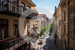 downpipe, with view of the bustling city center, and nearby shops and restaurants