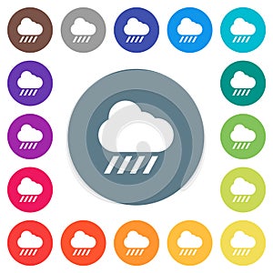 Downpour weather flat white icons on round color backgrounds