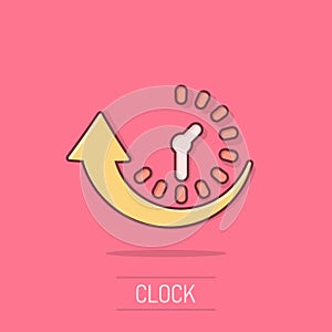 Downtime icon in comic style. Uptime vector cartoon illustration on white isolated background. Clock business concept splash