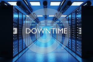 Downtime logo in large modern data center with multiple rows of network internet server racks, 3D Illustration