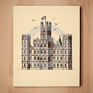 Downton Abbey Print In Cardboard Style With Architectural Illustrations And Detailed Wildlife