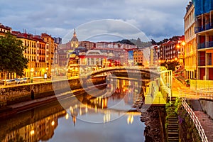 Downtown Area of Bilbao Spain with Nervion River around Dusk