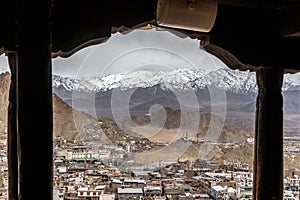 The downtown area of Leh as viewed from the Leh Palace with the Himalayan Mountains in the background